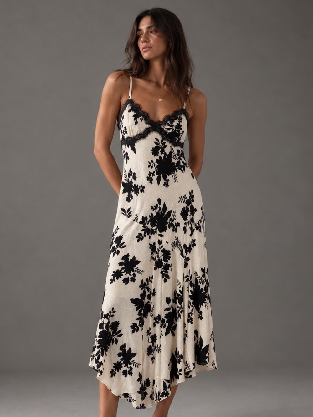 Floral Jacquard Lace Asymmetrical Maxi Slip Dress L NWT